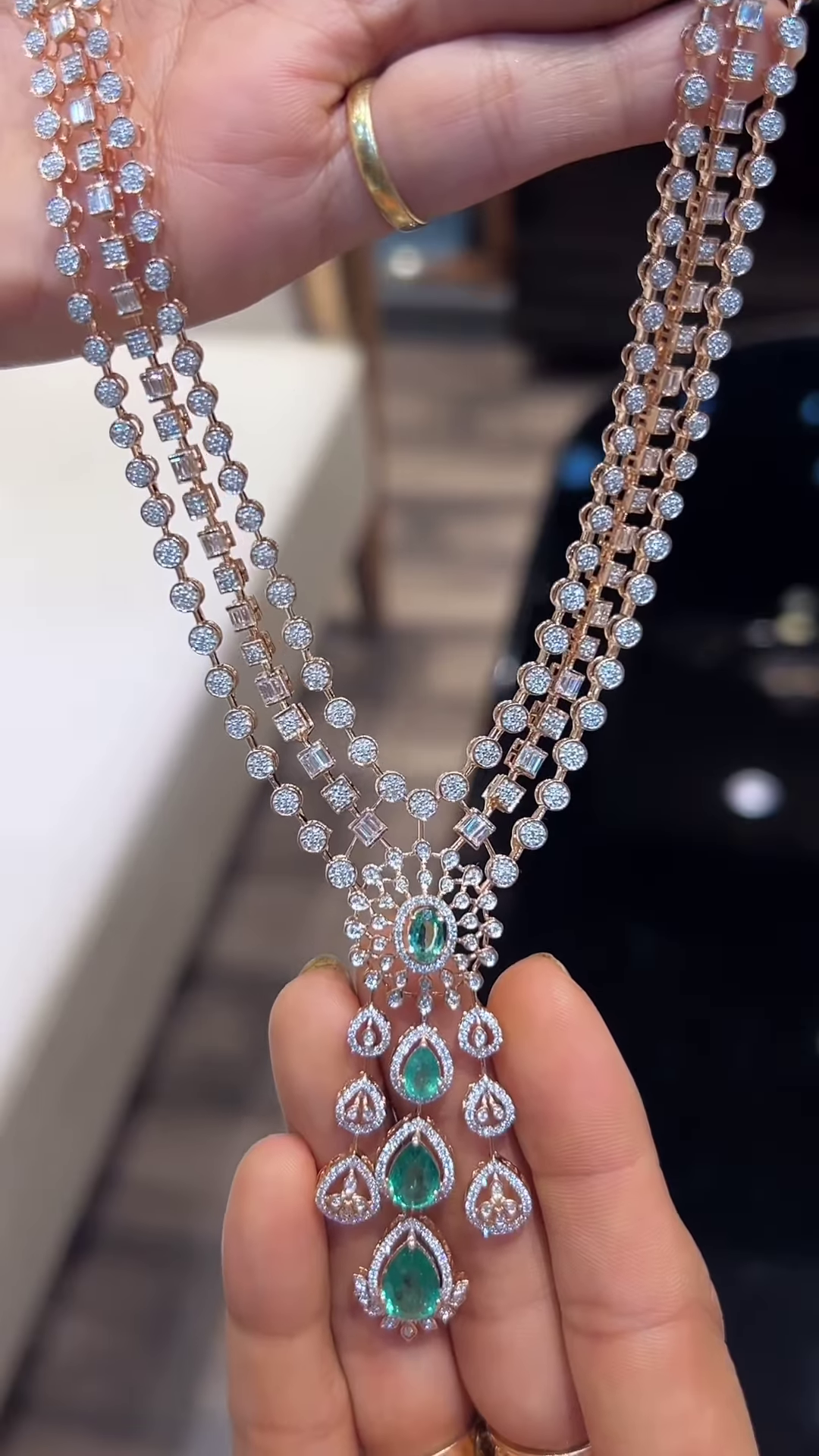 Exquisite Multi-Strand Diamond and Emerald Necklace in Gold Tone