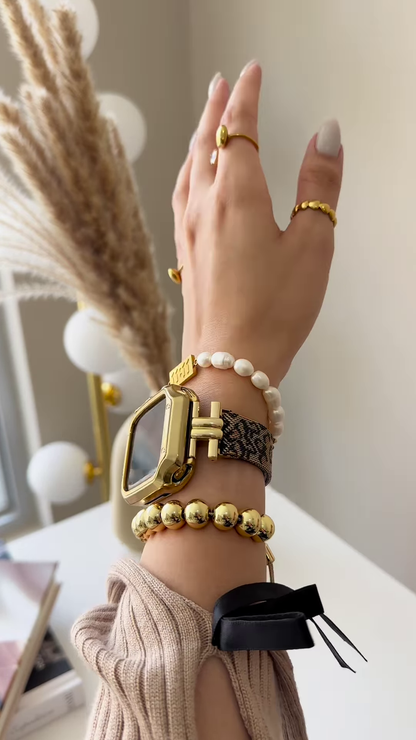 Layered Bracelet Set with Mesh Band, Spherical Beads, and Freshwater Pearls