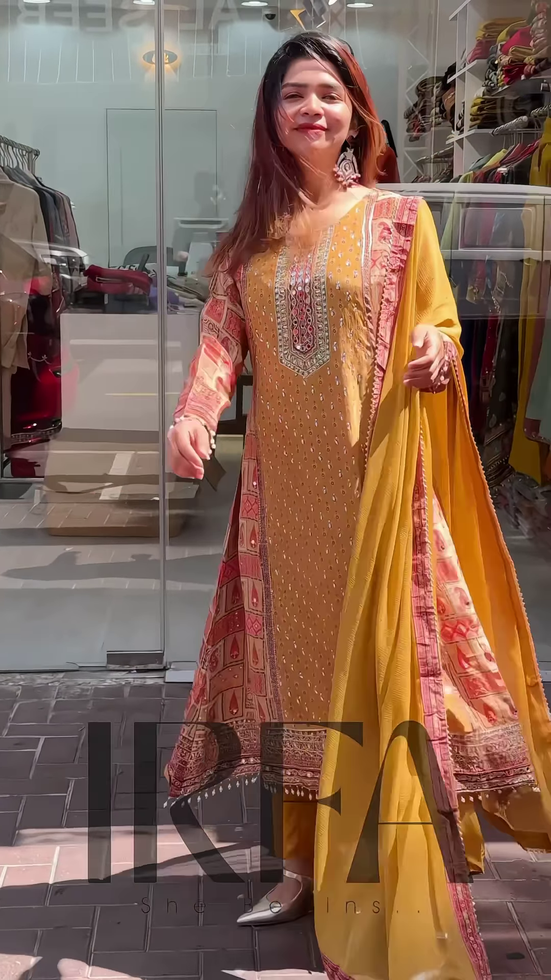 Elegant Printed Straight-Cut Kurti with Embellished Neckline and Coordinating Bottoms