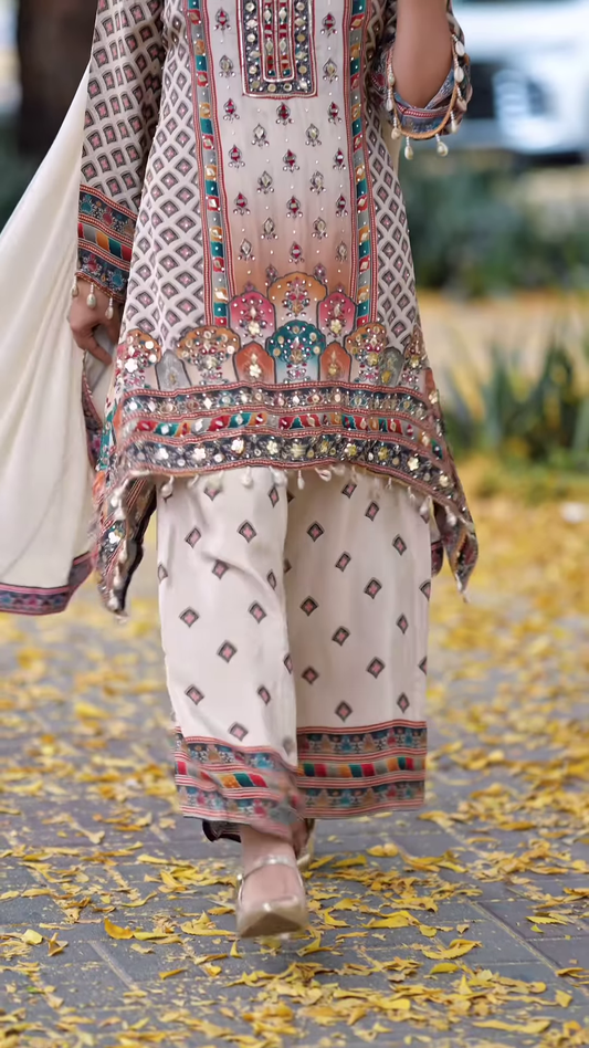Elegant Printed Kurti with Mirror Embellishments and Coordinating Palazzo Pants