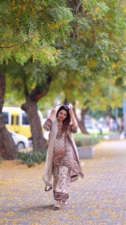 Elegant Printed Kurti with Mirror Embellishments and Coordinating Palazzo Pants