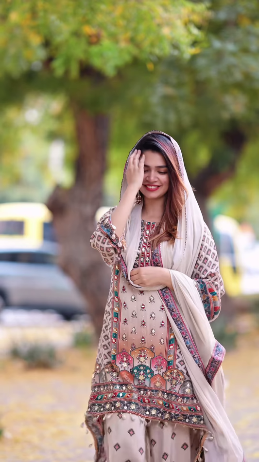 Elegant Printed Kurti with Mirror Embellishments and Coordinating Palazzo Pants