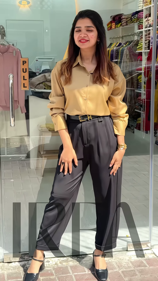 Chic High-Waisted Pleated Palazzo Pants with Button-Down Top