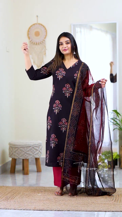 Light Blue Printed Straight-Cut Kurti Set with Coordinating Dupatta