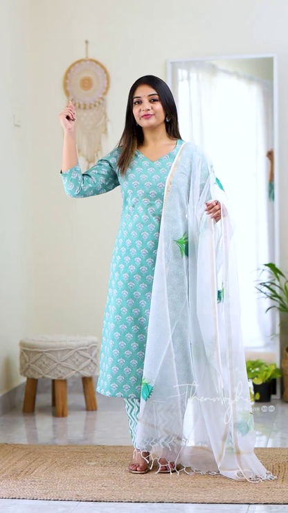 Light Blue Printed Straight-Cut Kurti Set with Coordinating Dupatta
