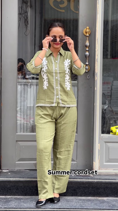 Light Green Embroidered Co-ord Set with Button-Down Top and Straight Pants