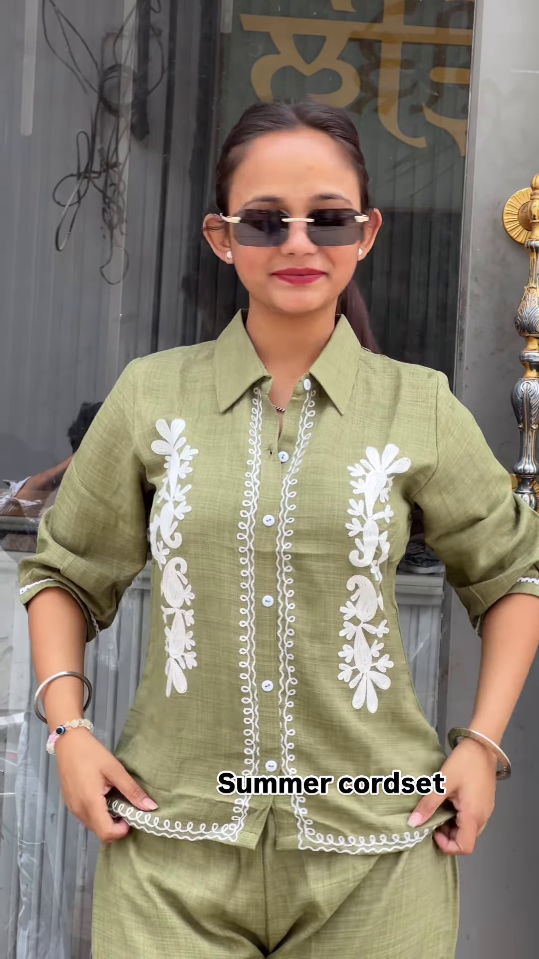 Light Green Embroidered Co-ord Set with Button-Down Top and Straight Pants