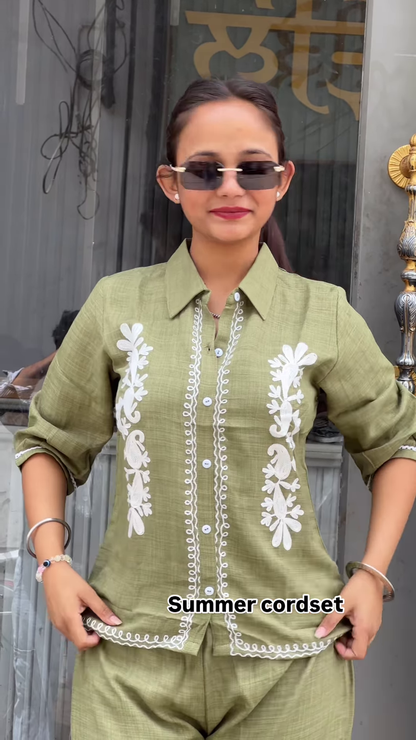 Light Green Embroidered Co-ord Set with Button-Down Top and Straight Pants