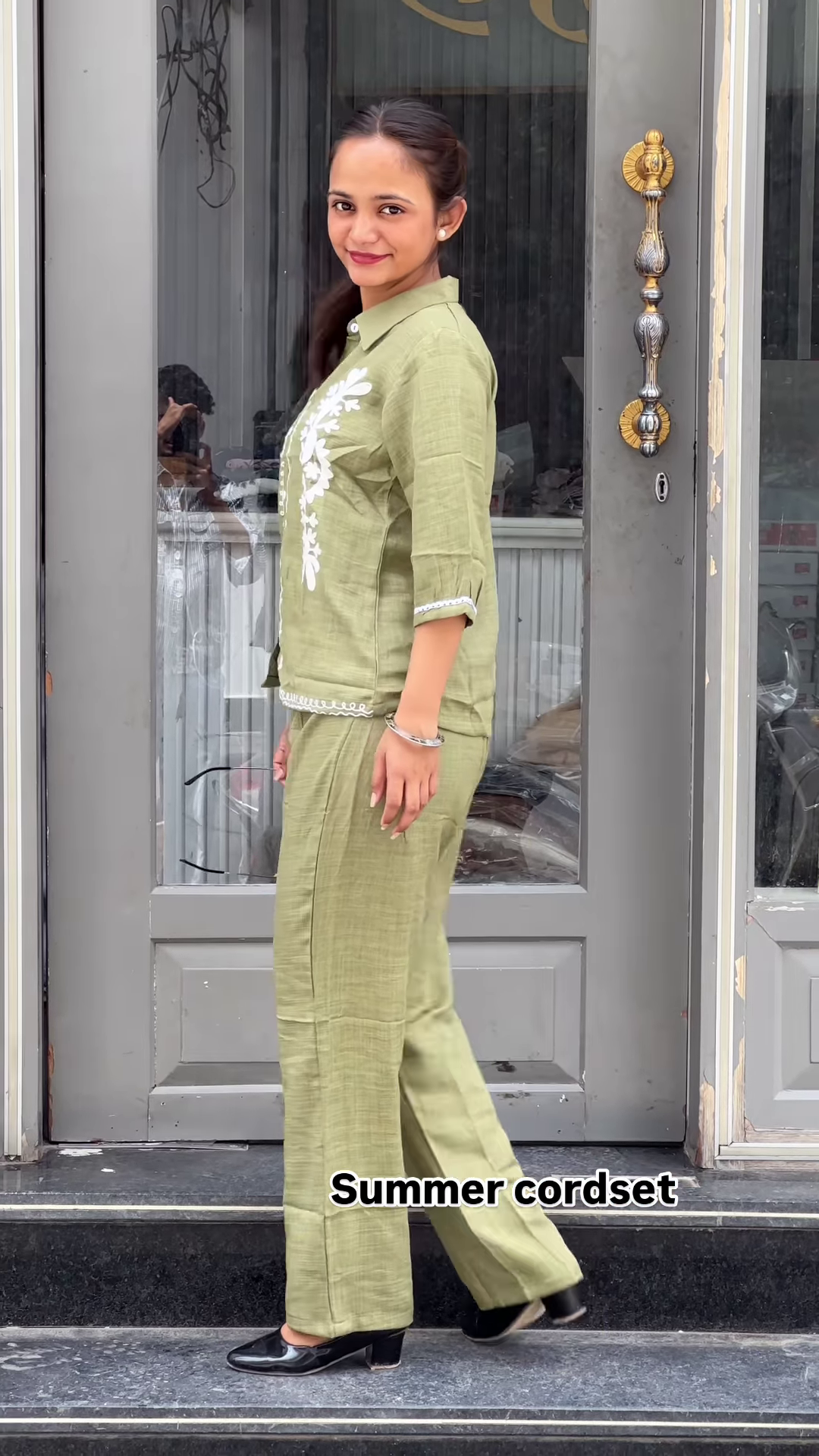 Light Green Embroidered Co-ord Set with Button-Down Top and Straight Pants