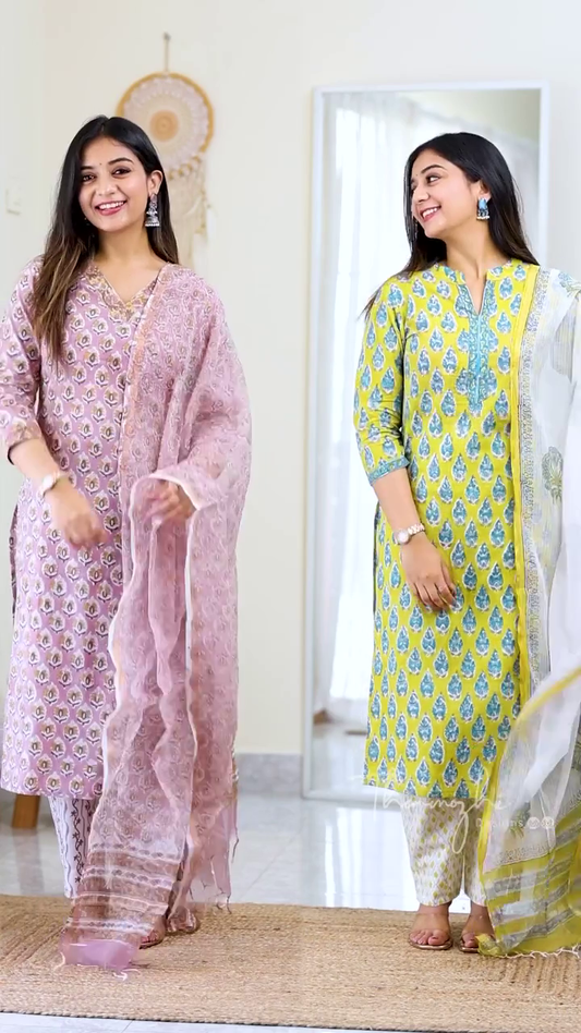 Printed Straight Kurti Set with Contrasting Bottoms and Dupatta
