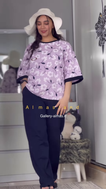 Floral Print Short-Sleeved Pajama Top with Solid Color Pants