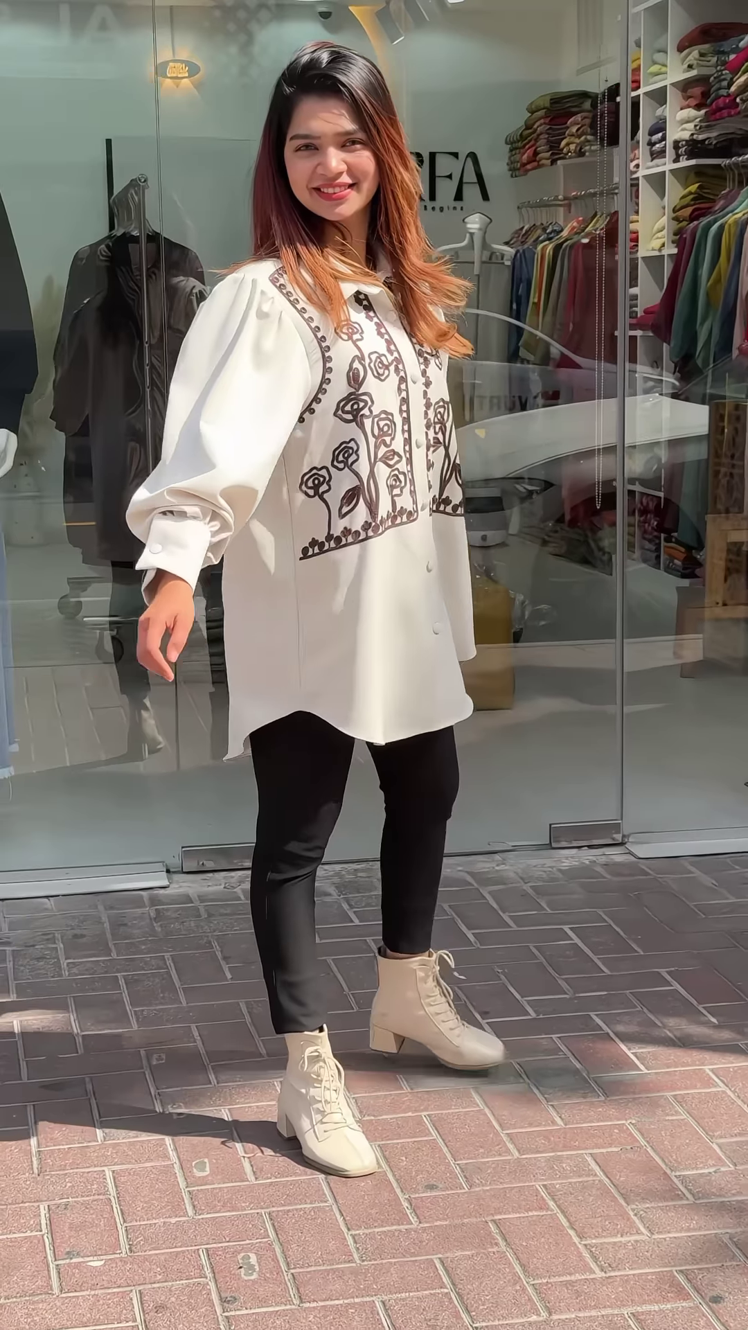 Stylish Black Button-Down Tunic with Embroidered Front Panels