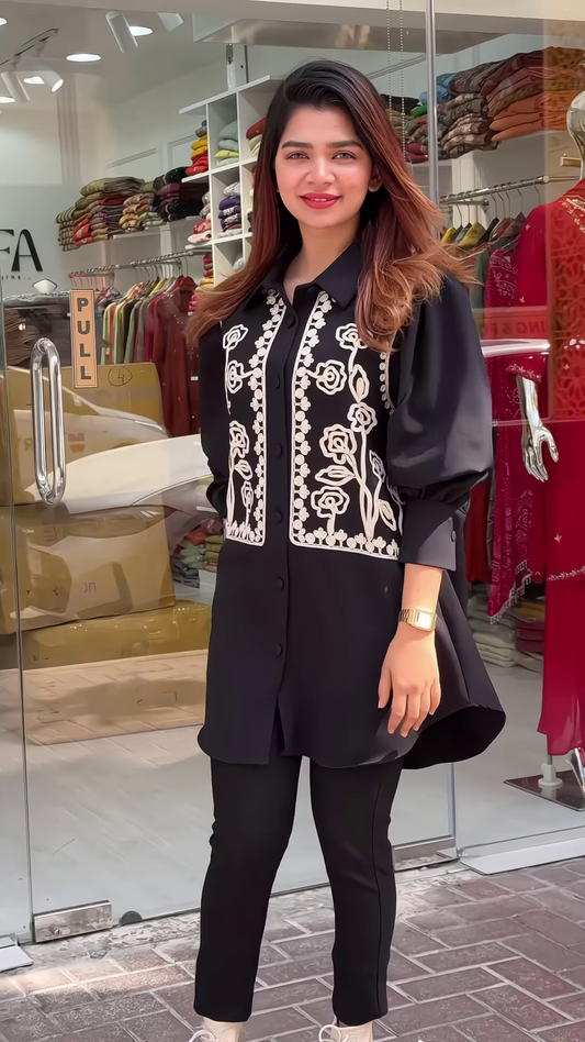 Stylish Black Button-Down Tunic with Embroidered Front Panels