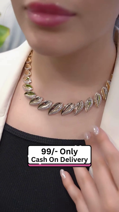 Stylish Dual-Tone Leaf Motif Bracelet & Necklace Set for Women – Elegant Party Wear Jewelry Combo