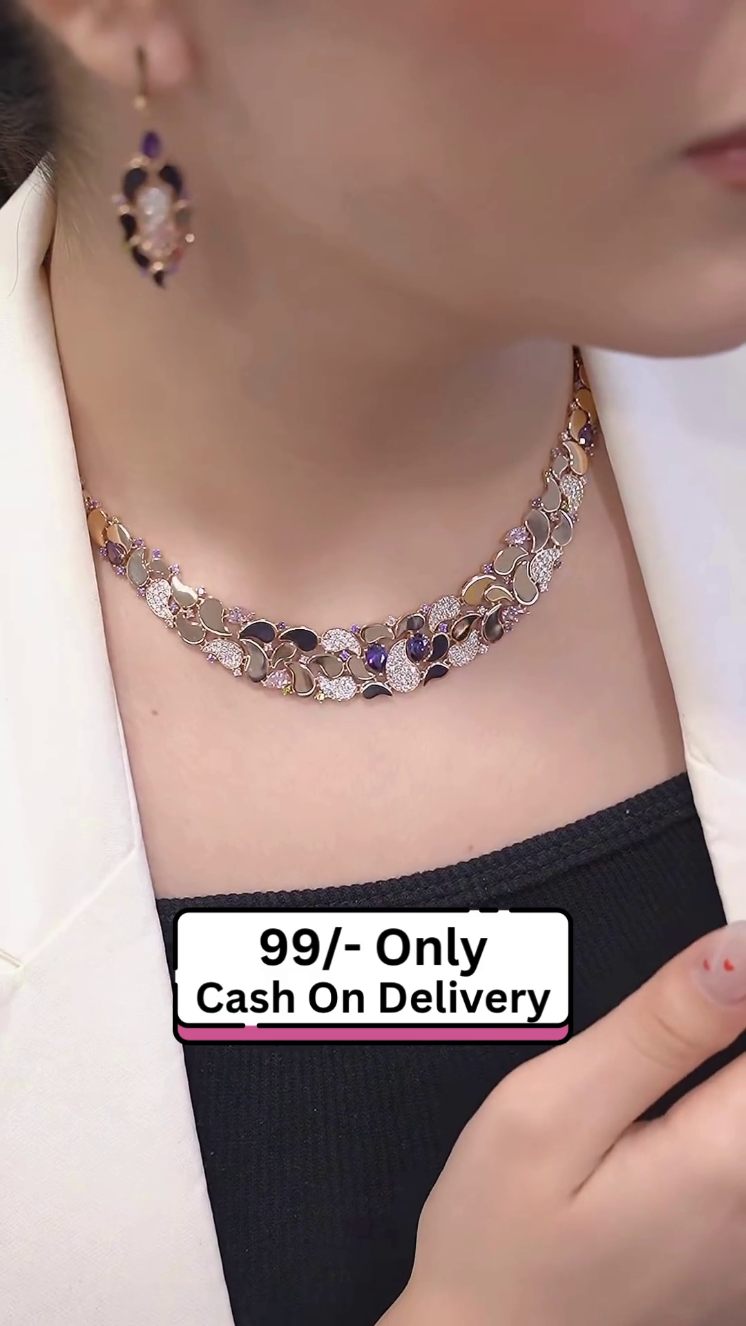 Gold-Toned Floral Necklace with Purple and White Stones – Elegant Party Wear Jewelry for Women