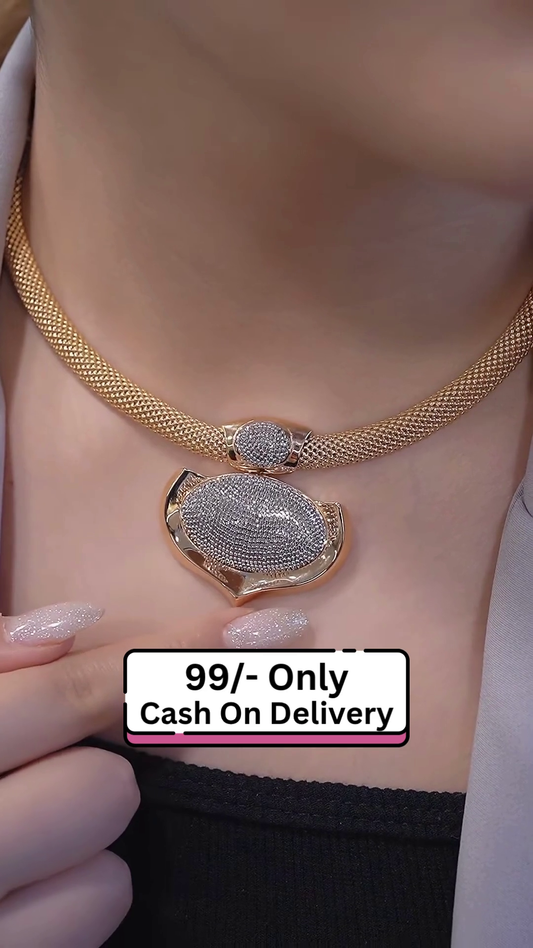 Elegant Gold-Toned Necklace with Sparkling Pave Detail and Mesh Chain