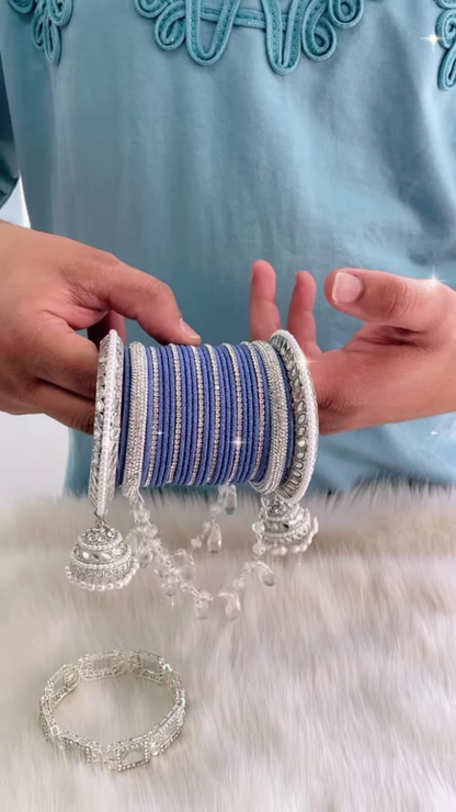 Traditional Navy Blue and Silver Bridal Bangle Set with Hanging Jhumkas