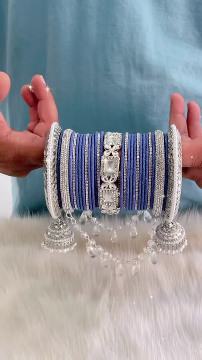 Traditional Navy Blue and Silver Bridal Bangle Set with Hanging Jhumkas