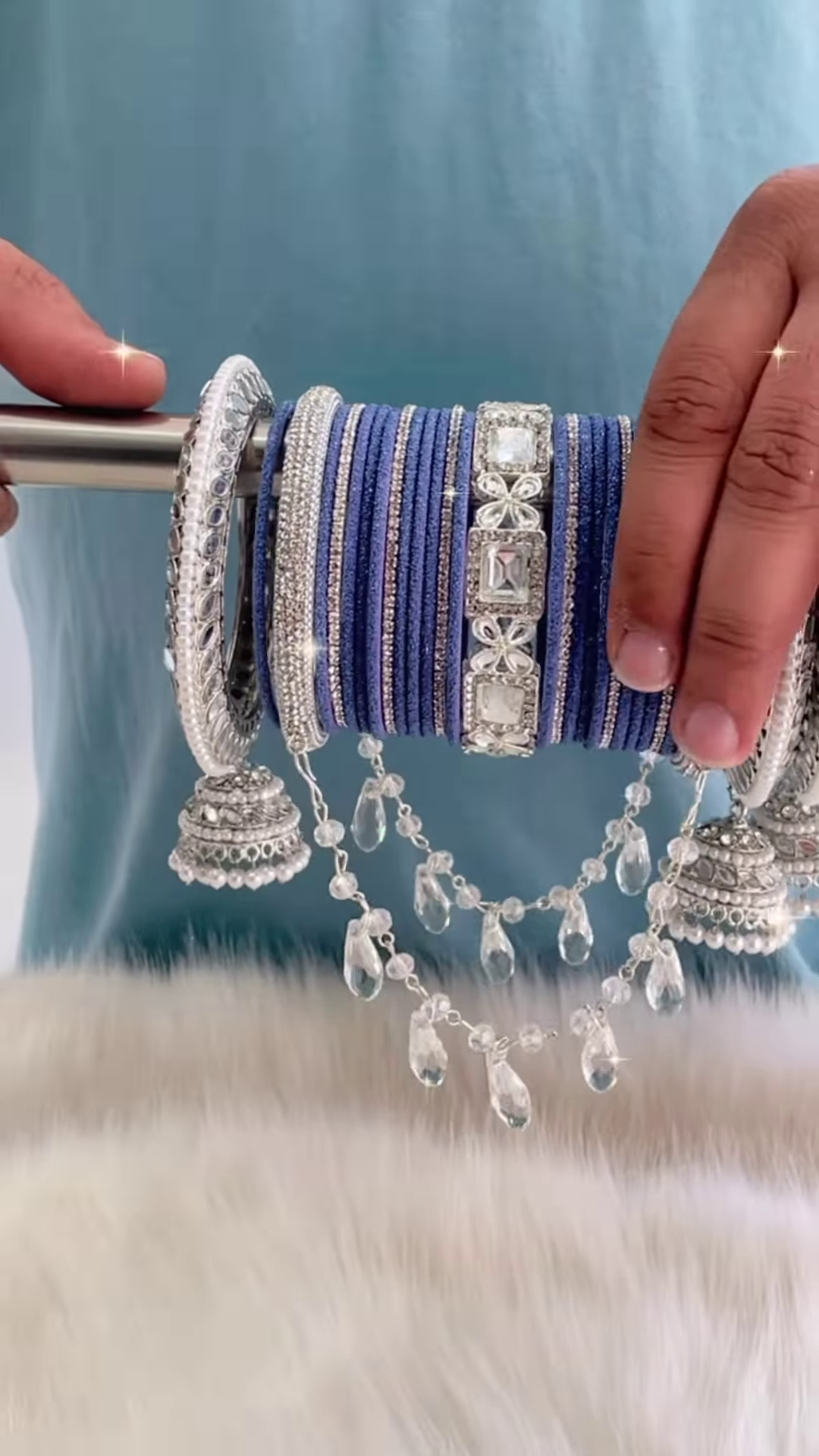 Traditional Navy Blue and Silver Bridal Bangle Set with Hanging Jhumkas