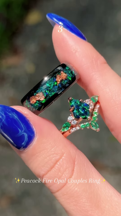 Elegant Two-Tone Couple's Ring Set: Modern Black Band with Purple Sparkle & Silver-Toned Leaf-Inspired Ring with Clear and Lilac Gemstones