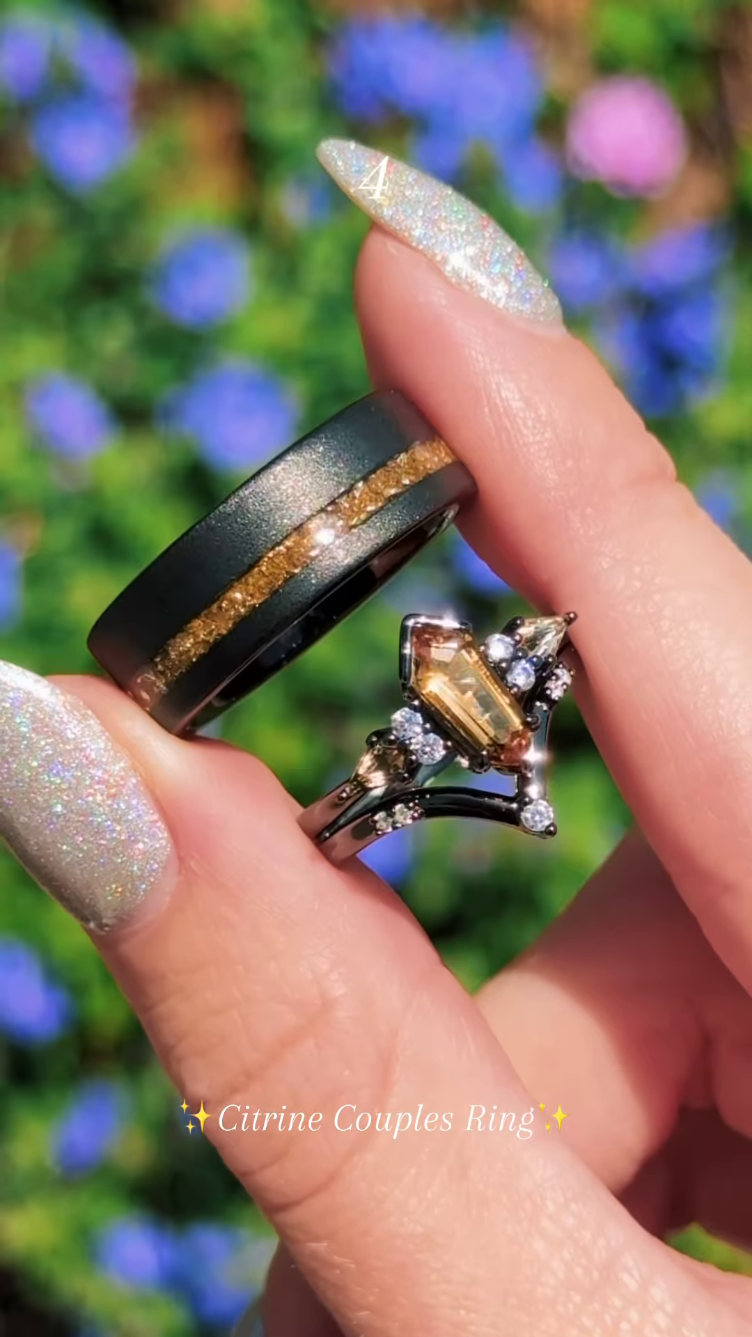 Elegant Two-Tone Couple's Ring Set: Modern Black Band with Purple Sparkle & Silver-Toned Leaf-Inspired Ring with Clear and Lilac Gemstones