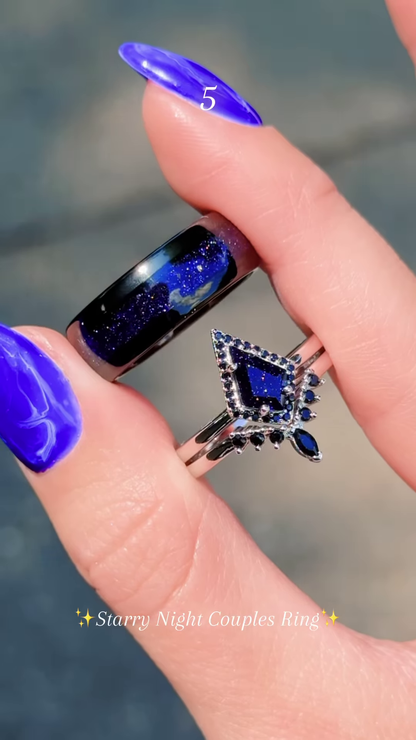 Elegant Two-Tone Couple's Ring Set: Modern Black Band with Purple Sparkle & Silver-Toned Leaf-Inspired Ring with Clear and Lilac Gemstones