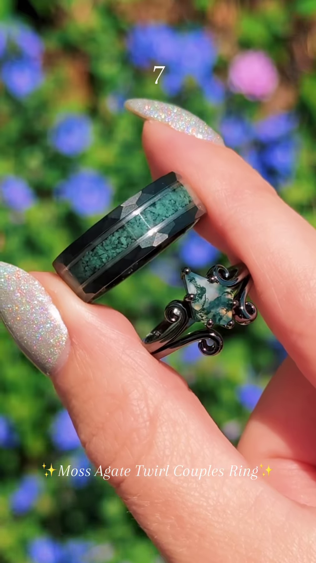 Elegant Two-Tone Couple's Ring Set: Modern Black Band with Purple Sparkle & Silver-Toned Leaf-Inspired Ring with Clear and Lilac Gemstones