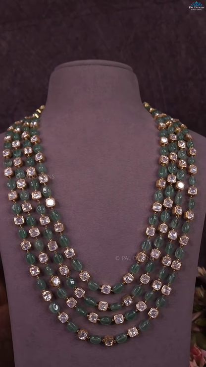 Multi-Strand Green Beaded Necklace with Square Polki-Style Accents