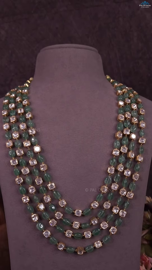 Multi-Strand Green Beaded Necklace with Square Polki-Style Accents