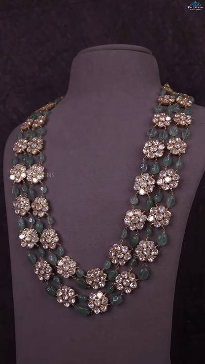Multi-Strand Green Beaded Necklace with Square Polki-Style Accents
