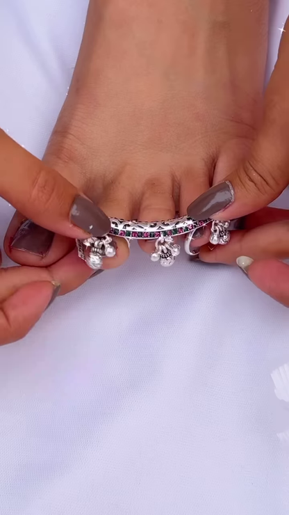 Elegant Silver-Toned Toe Ring with Colorful Gemstone Accents and Dangle Bells