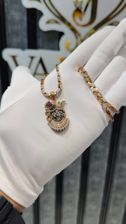 Exquisite Gold-Toned Devotional Pendant Necklace with Intricate Gemstone Embellishments and Dual-Texture Chain