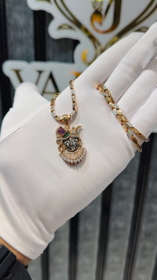 Exquisite Gold-Toned Devotional Pendant Necklace with Intricate Gemstone Embellishments and Dual-Texture Chain