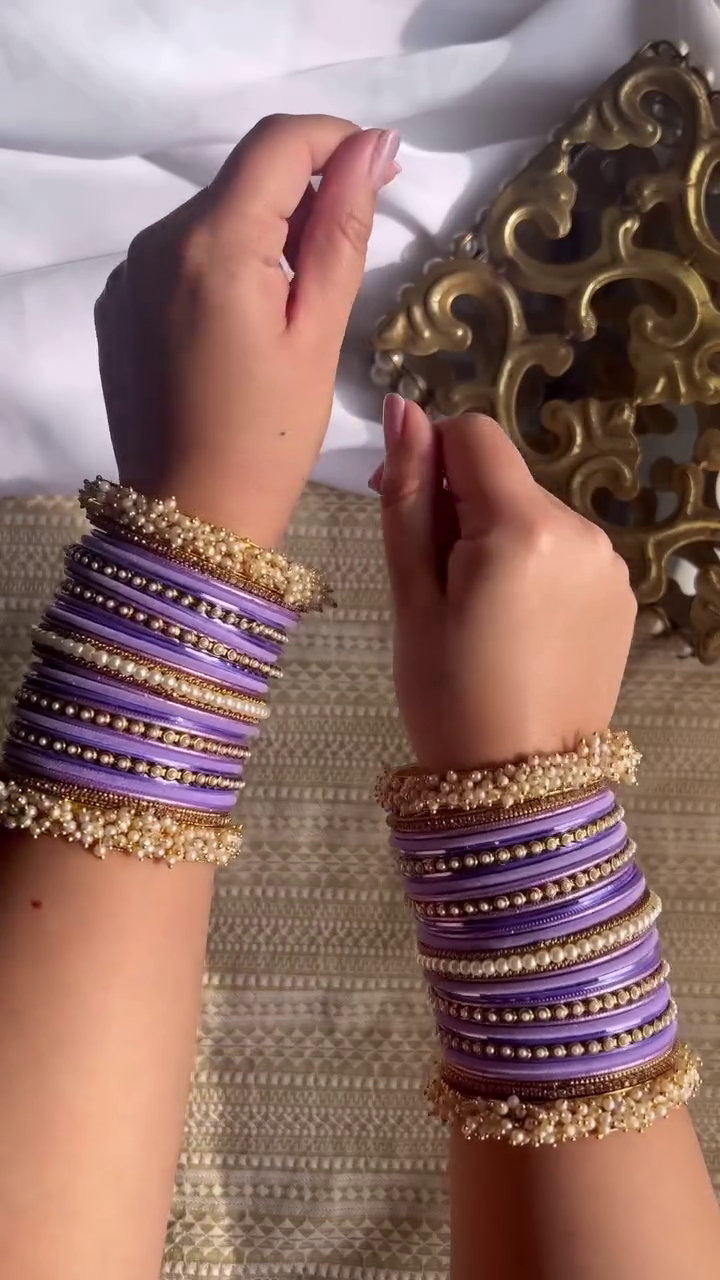 Vibrant Lilac and Gold-Toned Bangle Set with Pearl Accents and Studded Details