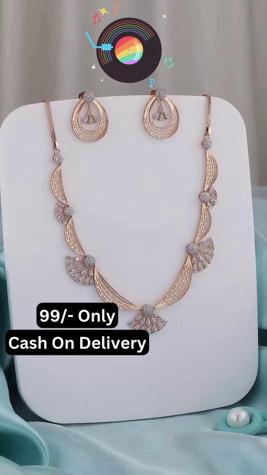 Elegant Rose Gold-Toned Necklace and Earring Set with Intricate Fan Motifs and Pave Sparkle