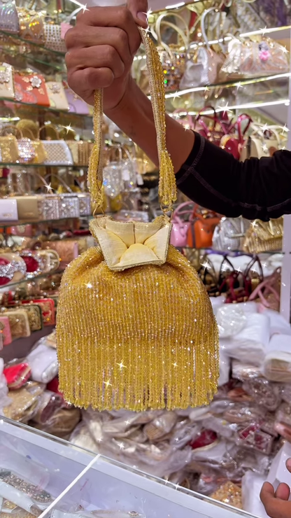 Exquisite White Beaded Potli Bag with Sparkling Embellishments and Tasseled Drawstring