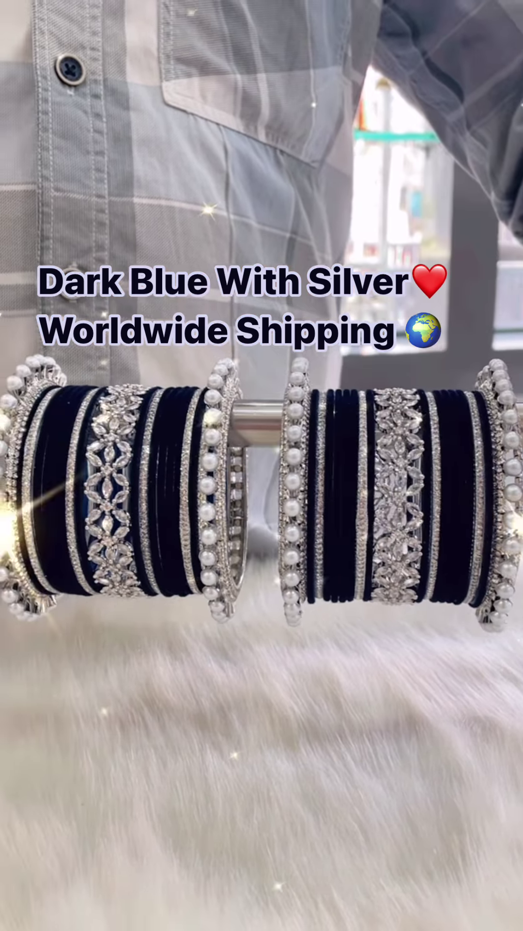 Elegant Navy Blue and Silver Bridal Bangle Set with Sparkle and Pearl Accents