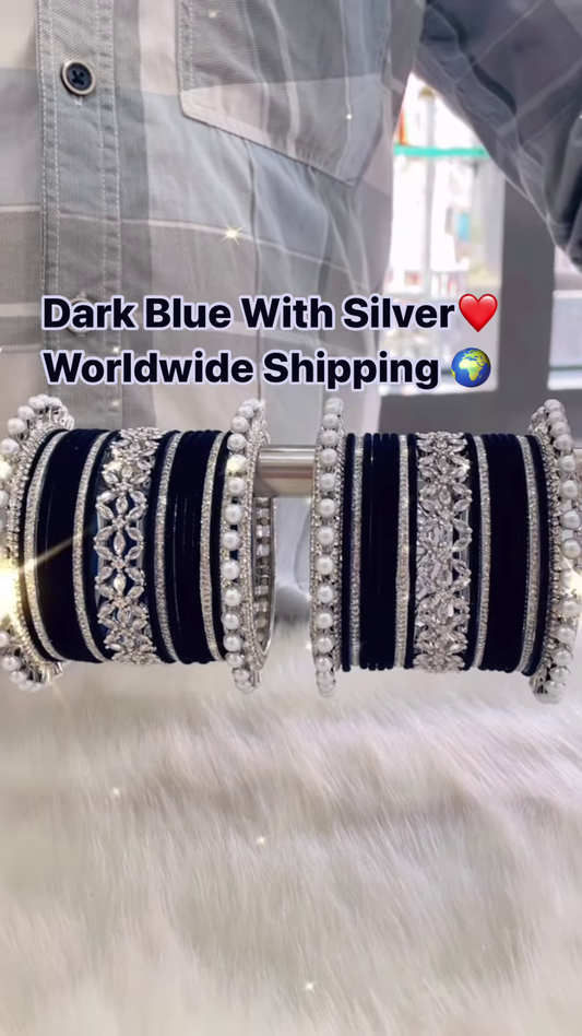 Elegant Navy Blue and Silver Bridal Bangle Set with Sparkle and Pearl Accents