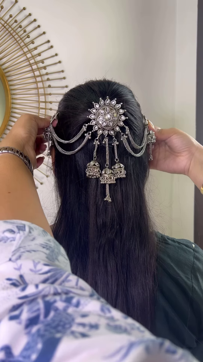 Exquisite Oxidized Silver-Toned Hair Chain with Bell Dangles and Sparkling Gemstones