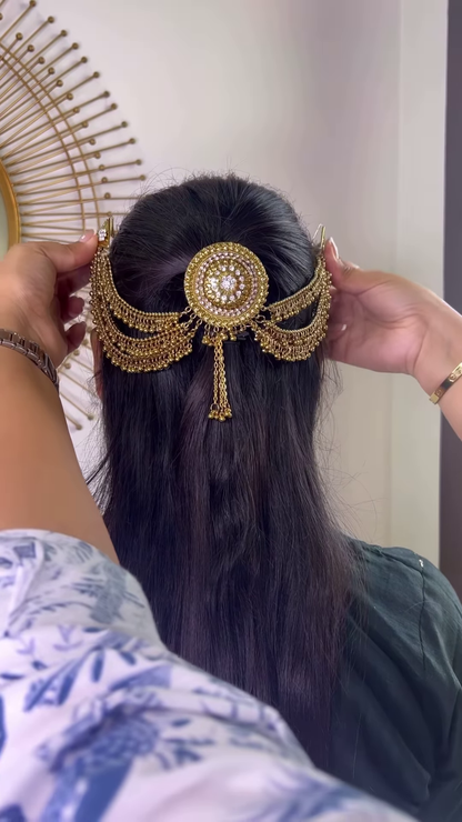 Exquisite Oxidized Silver-Toned Hair Chain with Bell Dangles and Sparkling Gemstones