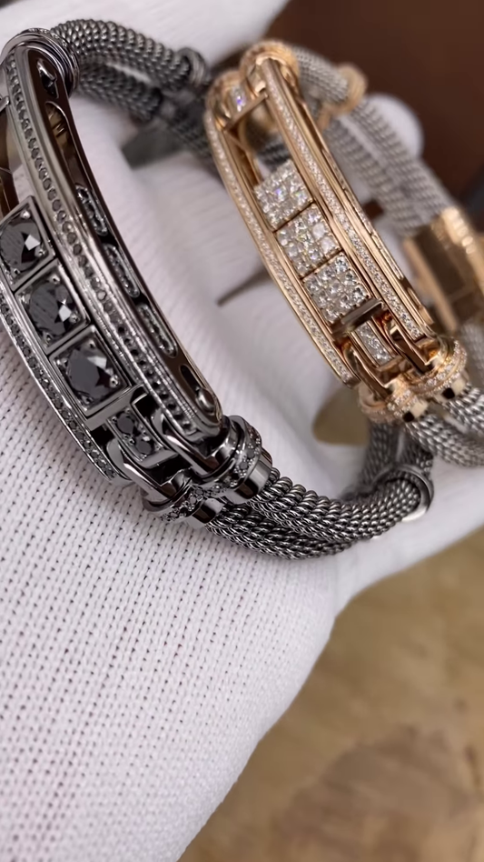Luxurious Two-Tone Cable Bracelets with Diamond Accents and Distinctive Metalwork