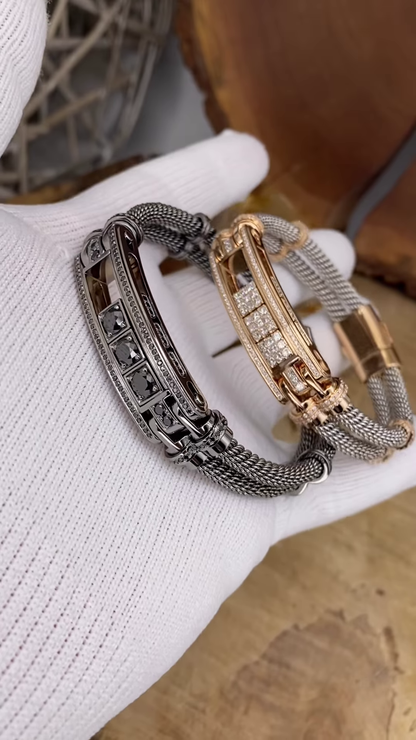 Luxurious Two-Tone Cable Bracelets with Diamond Accents and Distinctive Metalwork