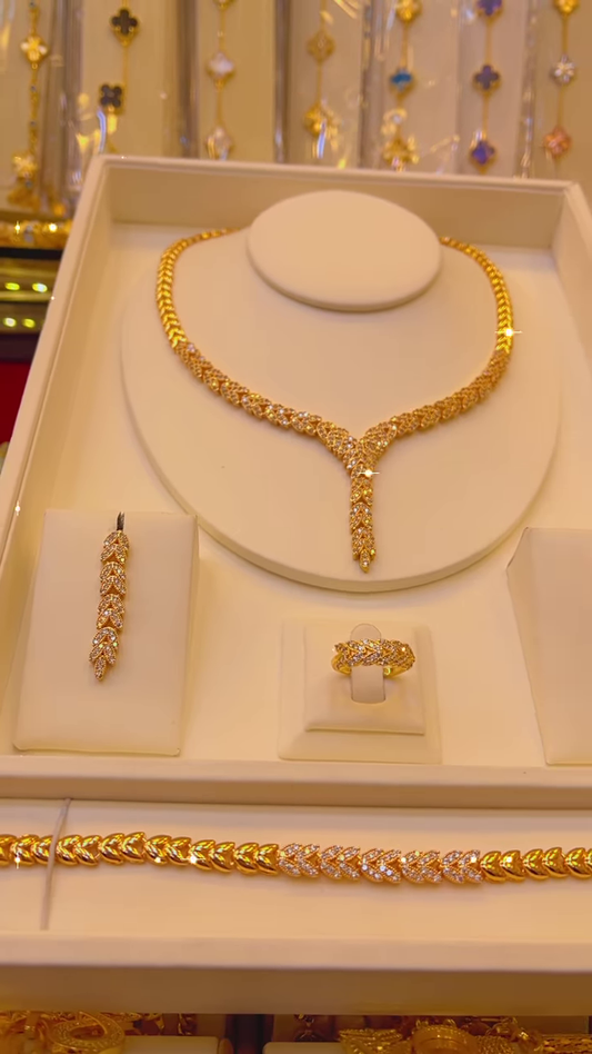 Radiant Gold-Toned Y-Drop Necklace Set with Dazzling Clear Gemstones