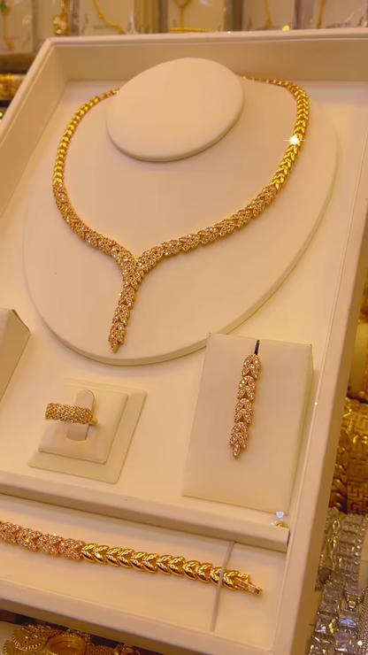 Radiant Gold-Toned Y-Drop Necklace Set with Dazzling Clear Gemstones