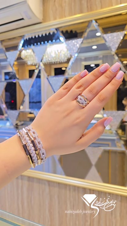 Exquisite Two-Tone Pavé Diamond Bangle and Ring Set with Sculptural Design