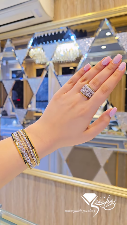 Exquisite Two-Tone Pavé Diamond Bangle and Ring Set with Sculptural Design