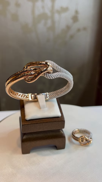 Elegant Two-Tone Intertwined Jewelry Set with Textured Cable Ring and Polished Accents