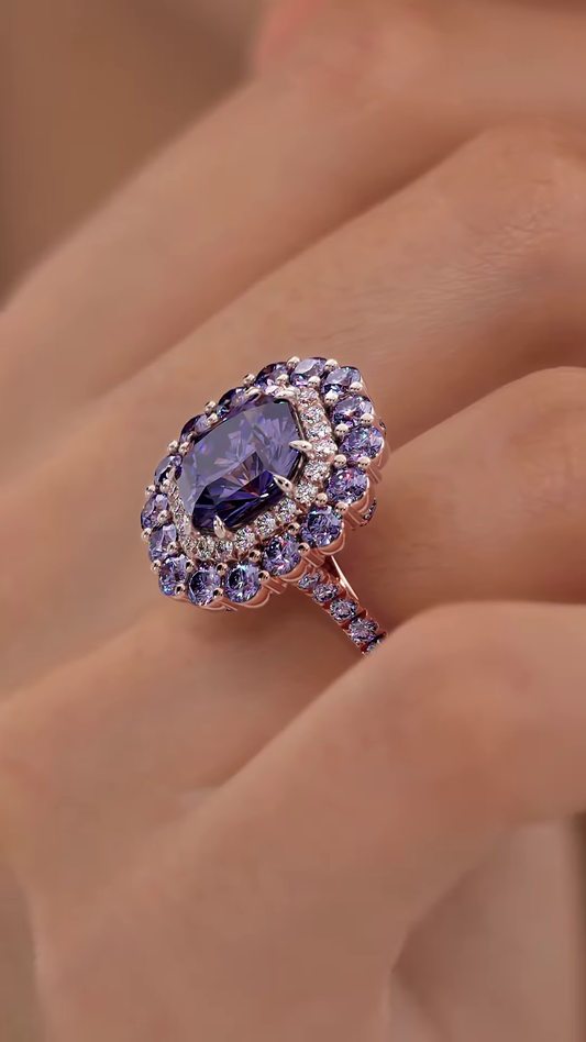 Luxurious Rose Gold-Toned Ring with Oval Purple Center Gemstone and Double Halo