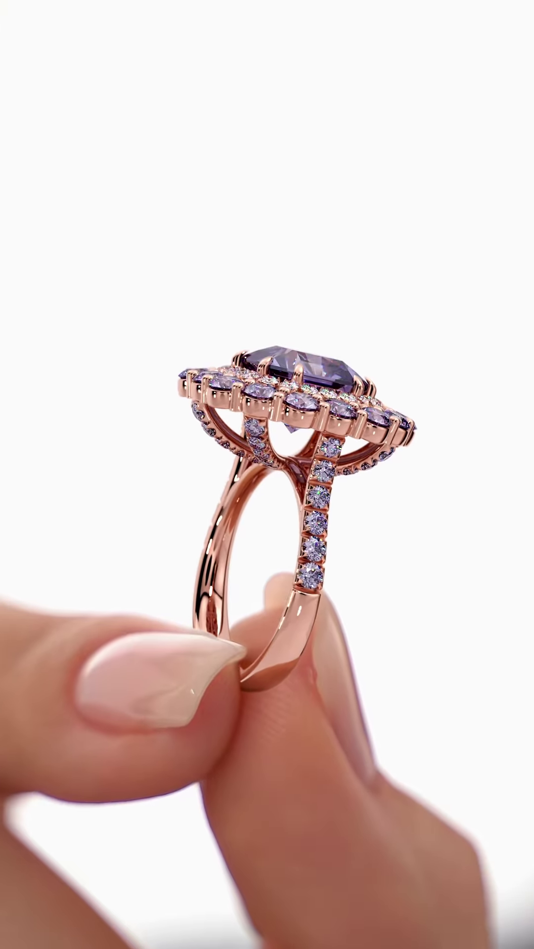 Luxurious Rose Gold-Toned Ring with Oval Purple Center Gemstone and Double Halo