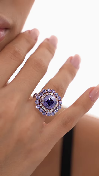Luxurious Rose Gold-Toned Ring with Oval Purple Center Gemstone and Double Halo